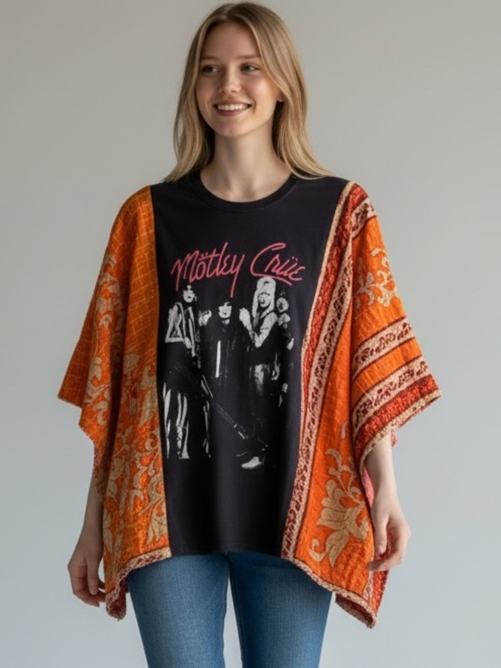 MÖTLEY CRÜE Reworked Band Tee Poncho Style with Kantha Oversized Festival